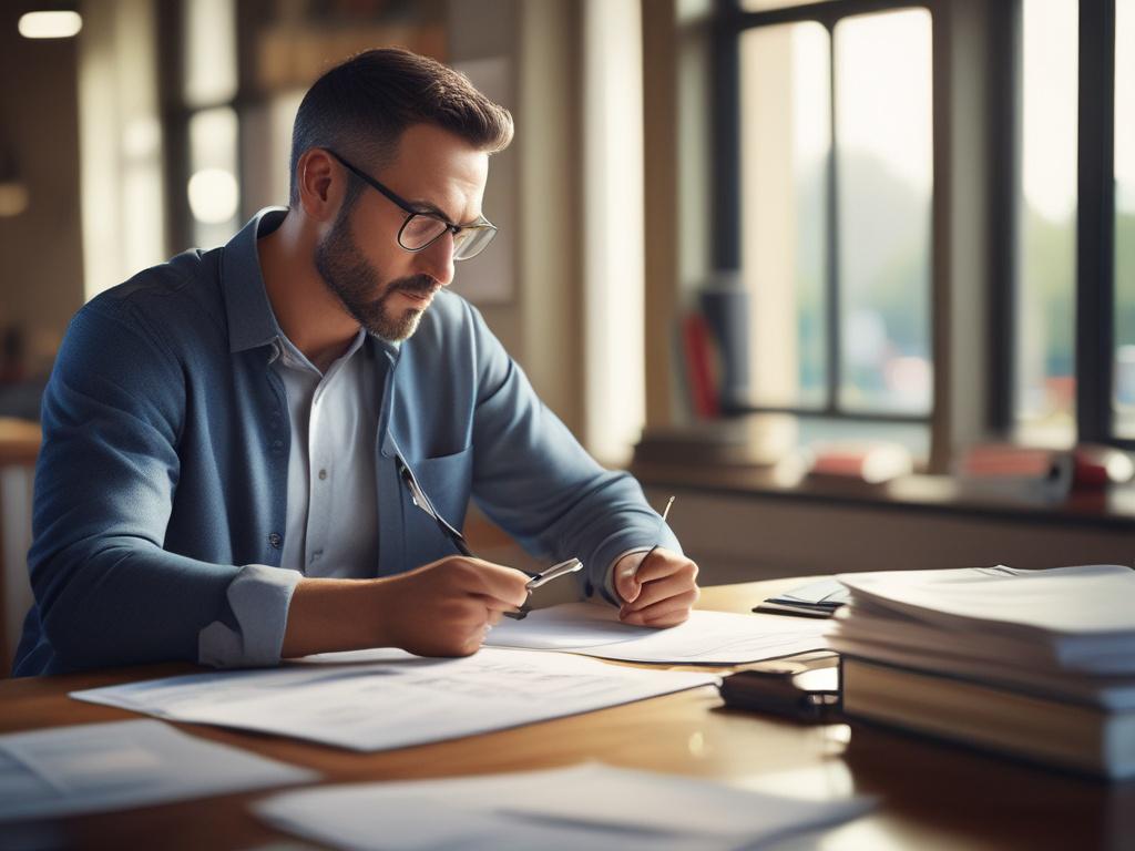 Close-up shot of a small business owner reviewing financial documents with a look of determination, natural lighting, simple and clear composition.