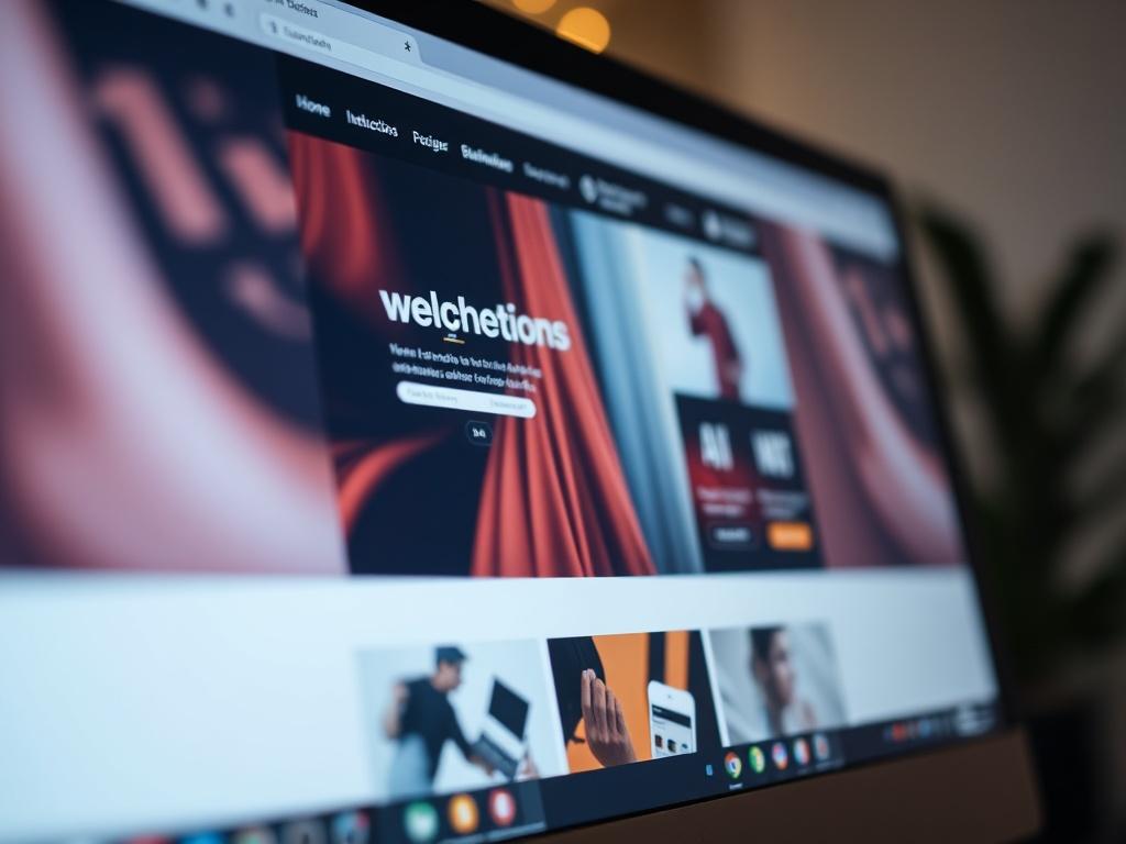 A close-up shot of a computer screen displaying a beautifully designed website, with interactive elements like animations and engaging graphics. The focus is on the screen, showcasing the website's layout and features, while the background remains softly blurred to highlight the digital environment.