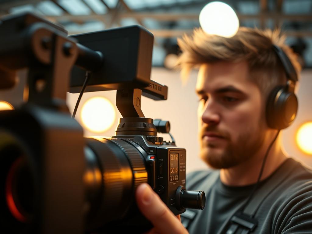 A close-up shot of a filmmaker operating a high-end video camera in a studio setting, with bright lights and a professional backdrop. The focus is on the camera lens, capturing the intricate details of the filmmaking process. The background is softly blurred to emphasize the subject, creating a hyper-realistic effect.