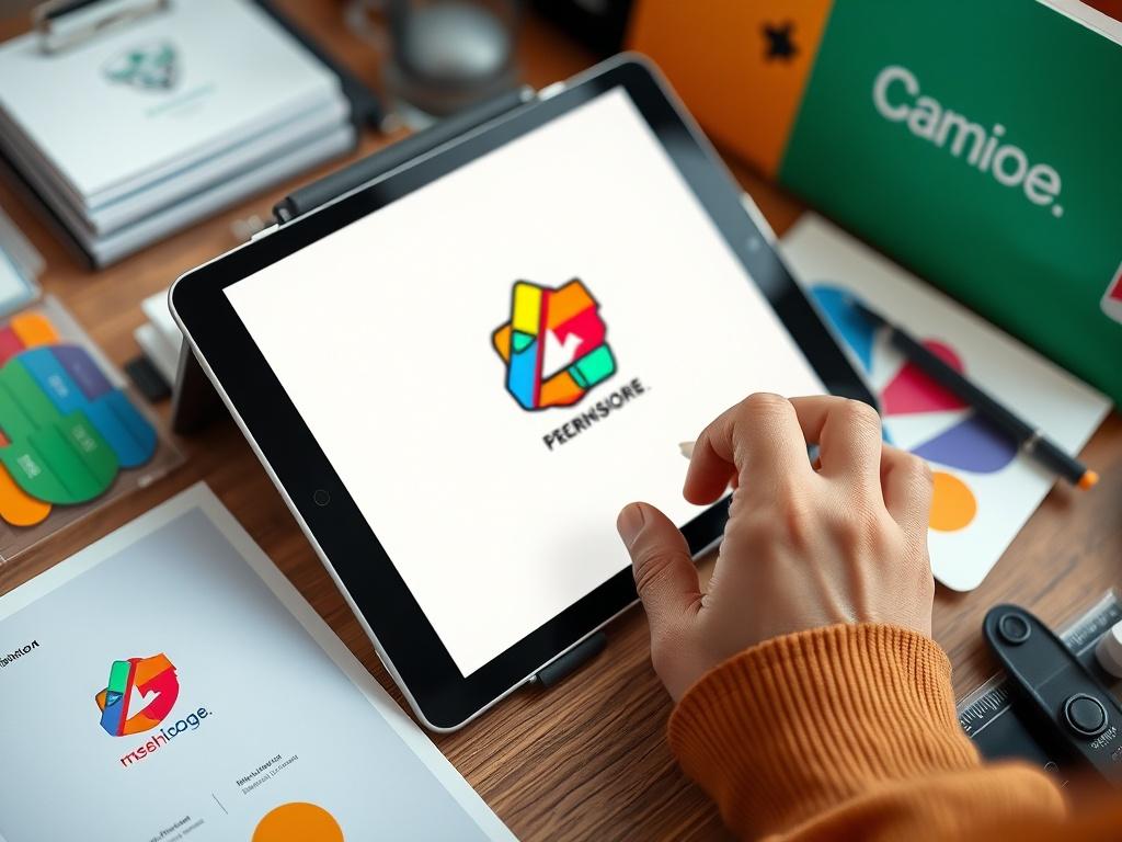 A close-up shot of a designer's hand sketching a logo on a tablet, surrounded by colorful branding materials. The focus is on the tablet screen displaying a vibrant logo design, highlighting the creative process. The background should be softly blurred to keep attention on the design work.