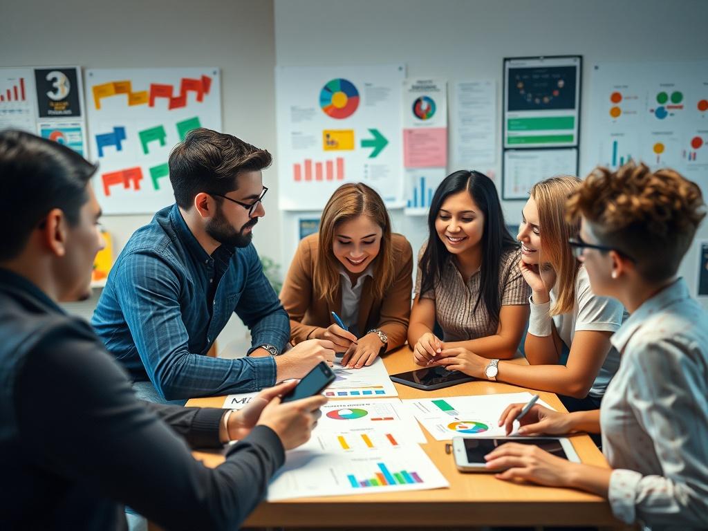 A close up shot of a marketing team brainstorming ideas,
