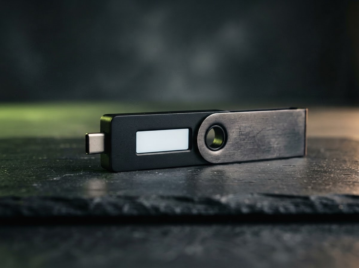 Sleek Ledger-style hardware wallet against a dark studio backdrop