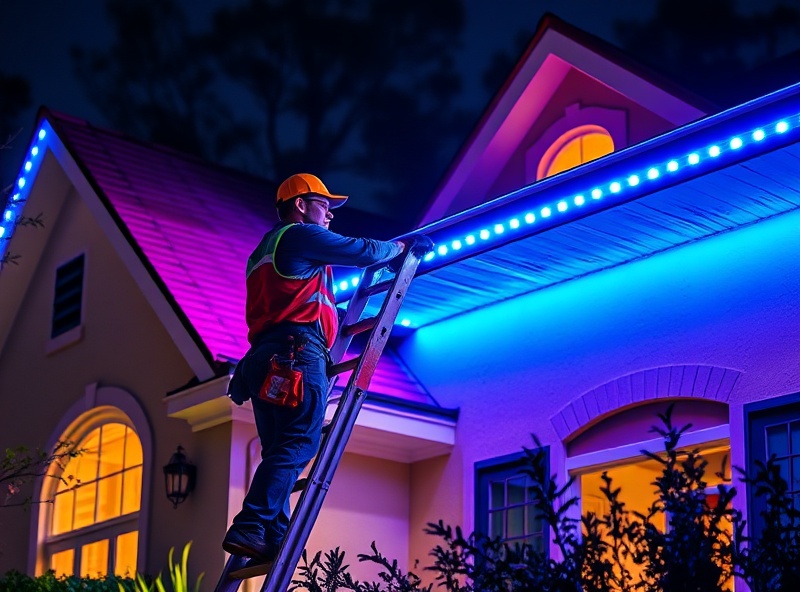 Professional installer installing LED lights on a home's roofline