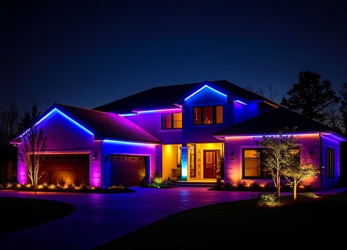 Modern home with multi-colored LED gradient roofline