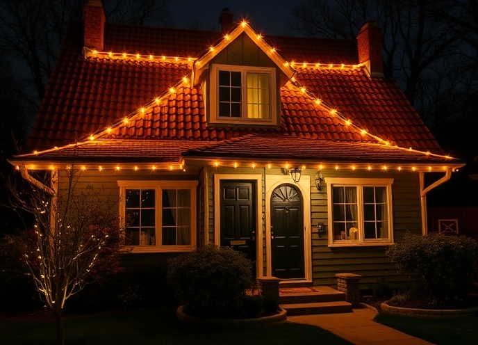 Cottage-style home with warm amber LED roofline