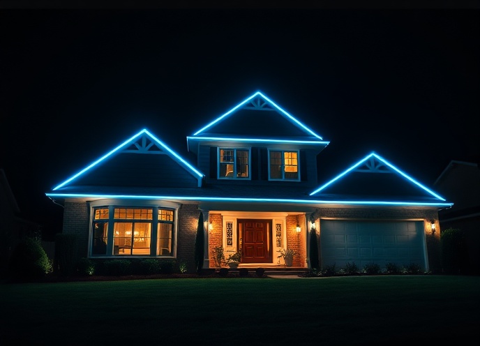 Two-story suburban home with cyan LED roofline lighting