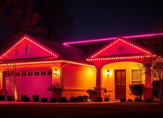 Ranch-style home with magenta and amber LED lights