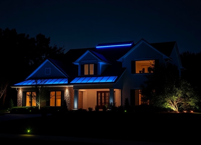 Luxury home with bright cyan LED roofline
