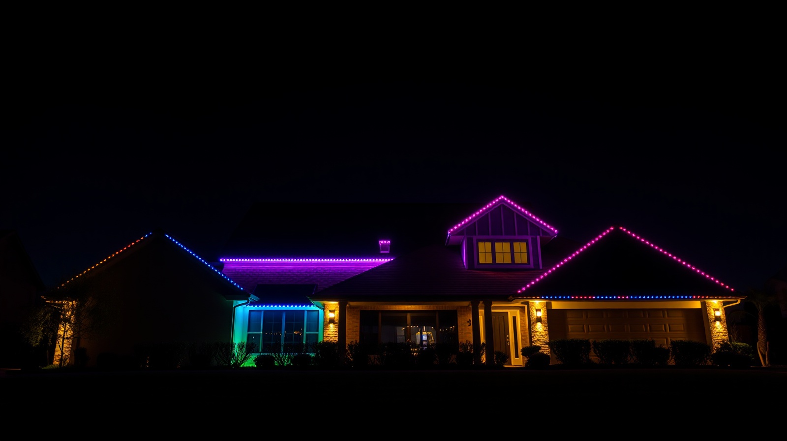 Beautiful nighttime home with glowing LED roofline lights