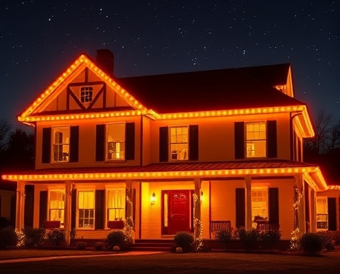 Colonial home after LED light installation with warm amber lights