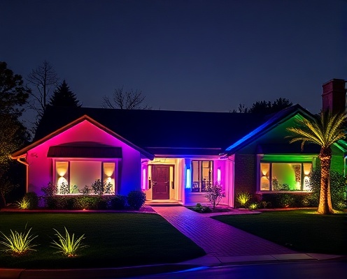Modern ranch home after LED light installation with multi-color RGB lights