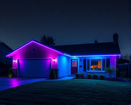 Suburban home after LED light installation with cyan and magenta lights