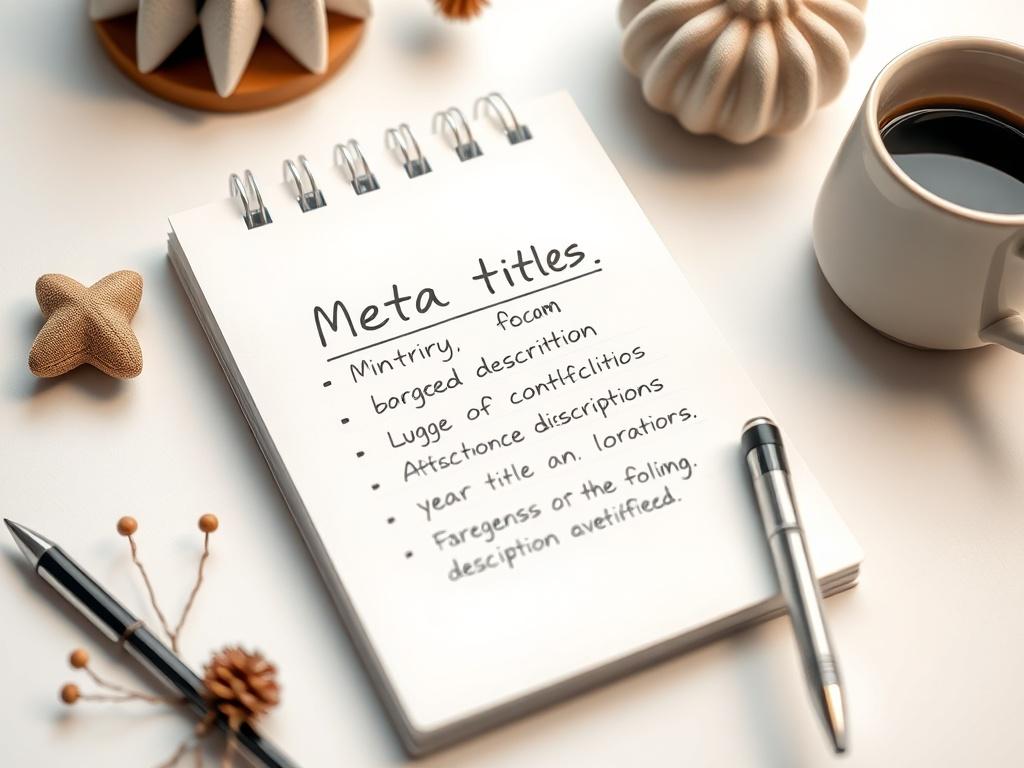 A close-up shot of a notepad with handwritten notes, showcasing meta titles and descriptions. The notepad is surrounded by a few decorative elements like a coffee cup and a pen, set on a clean white desk. The background is softly blurred to keep the focus on the notepad and its content. This image symbolizes organization and attention to detail, capturing the essence of effective web development.