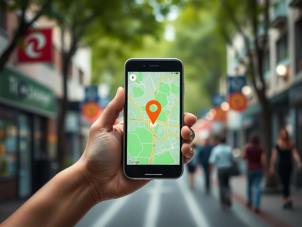 **Prompt for AI Image Generator:**

Create a hyper-realistic, high-resolution close-up photograph that embodies the theme of "Importancia del SEO móvil para el posicionamiento local." The image should feature a professional-looking smartphone displayed prominently in the center of the composition. The screen of the smartphone should showcase a vibrant map application, with a clear focus on a local area pin drop, symbolizing local search results. 

The background should be softly blurred to keep the attentio