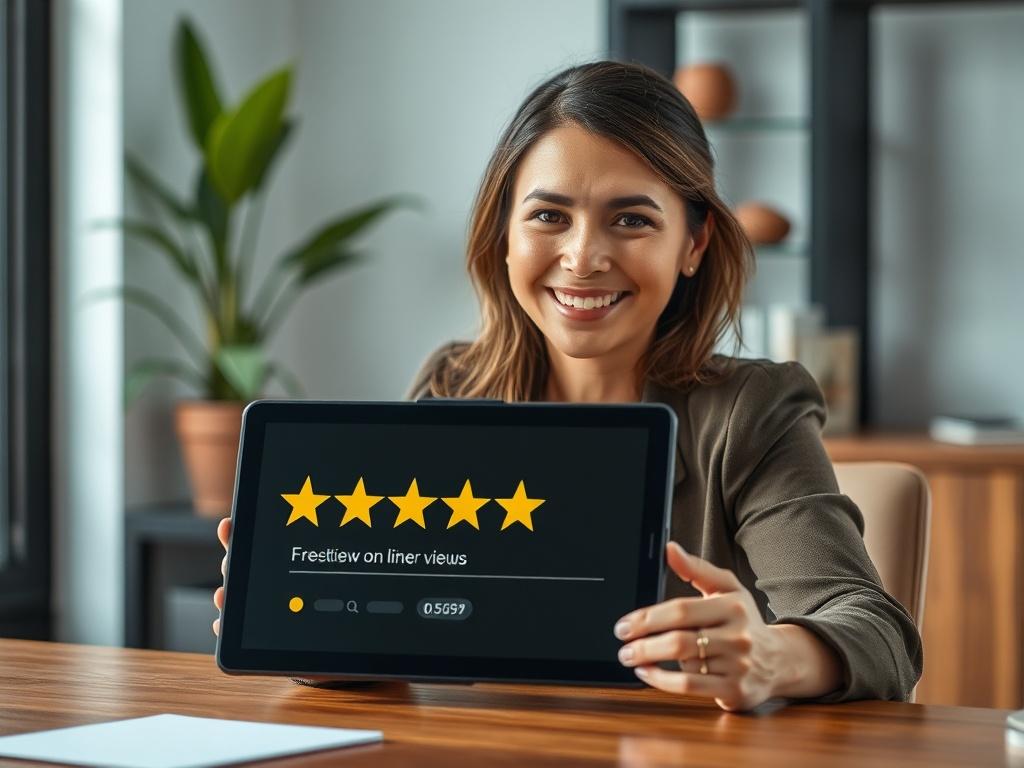 **Prompt for AI Image Generation:**

Create a realistic high-resolution photo that illustrates the blog titled "Cómo usar las reseñas en línea para mejorar tu SEO local." The composition should feature a close-up shot of a confident business owner, a woman in her mid-30s, sitting at a stylish wooden desk in a well-lit office environment. She is smiling, looking directly at the camera, and holding a tablet that displays a glowing online review with five stars prominently featured. The background should be si