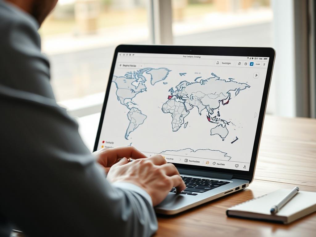 Create a realistic high-resolution photo that encapsulates the essence of the blog titled "Tendencias SEO para búsquedas geográficas en 2024". The composition should feature a single subject: a professional looking at a digital map displayed on a laptop screen. The individual should be focused, demonstrating engagement with the map, which should highlight various geographic points of interest or trending locations for SEO. 

The background should be softly blurred to keep the attention on the subject while 