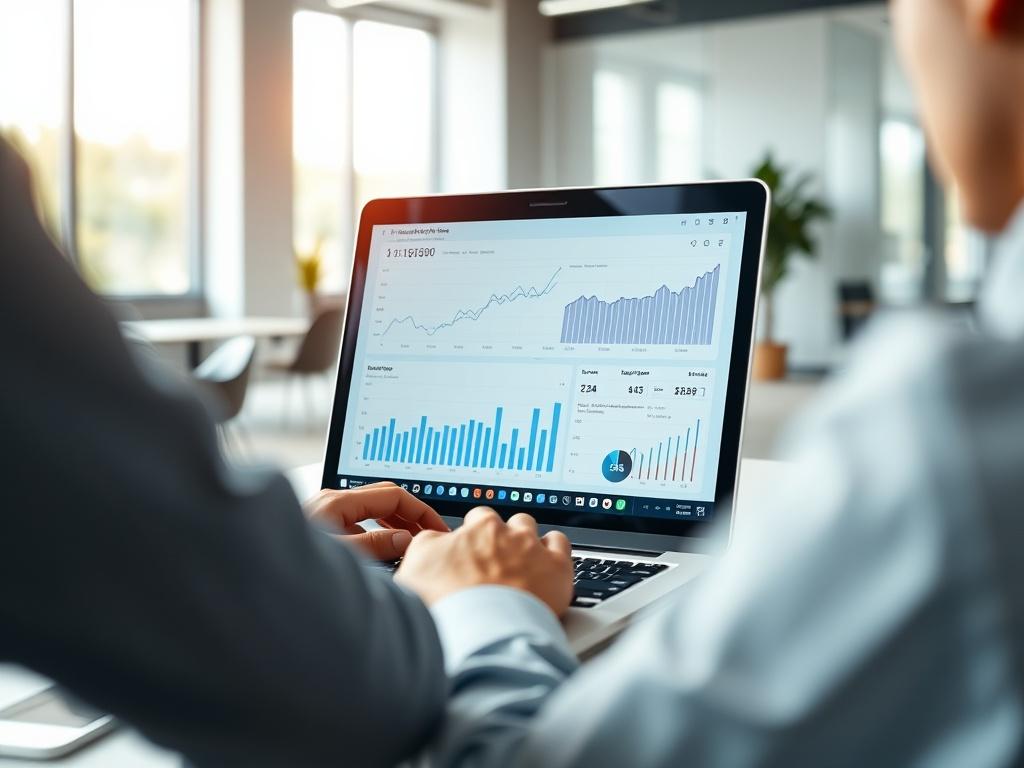 A close-up shot of a person analyzing website analytics on a laptop in a modern office setting. The focus should be on the screen displaying graphs and statistics. The background should be a minimalist office with natural light, emphasizing a professional atmosphere. The image should be hyper-realistic and vibrant, capturing the essence of digital marketing and SEO analysis.