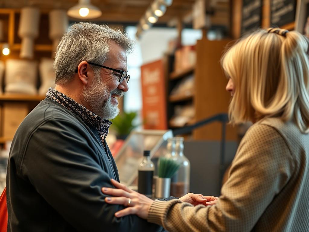 A close-up shot of a small business owner interacting with customers at their shop, showcasing a welcoming environment. The image should capture the essence of local business engagement, with products and signage visible in the background. The atmosphere should feel friendly and inviting, highlighting the importance of community connection in local SEO.