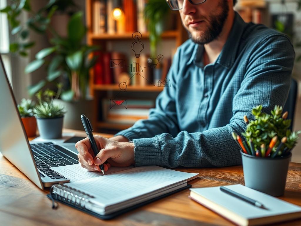 A hyper-realistic close-up of a creative writer brainstorming ideas with a notebook and laptop on a wooden desk. The background should showcase a cozy workspace with plants and books, emphasizing creativity and productivity. The image should convey a sense of inspiration and focus, highlighting the importance of quality content in digital marketing.