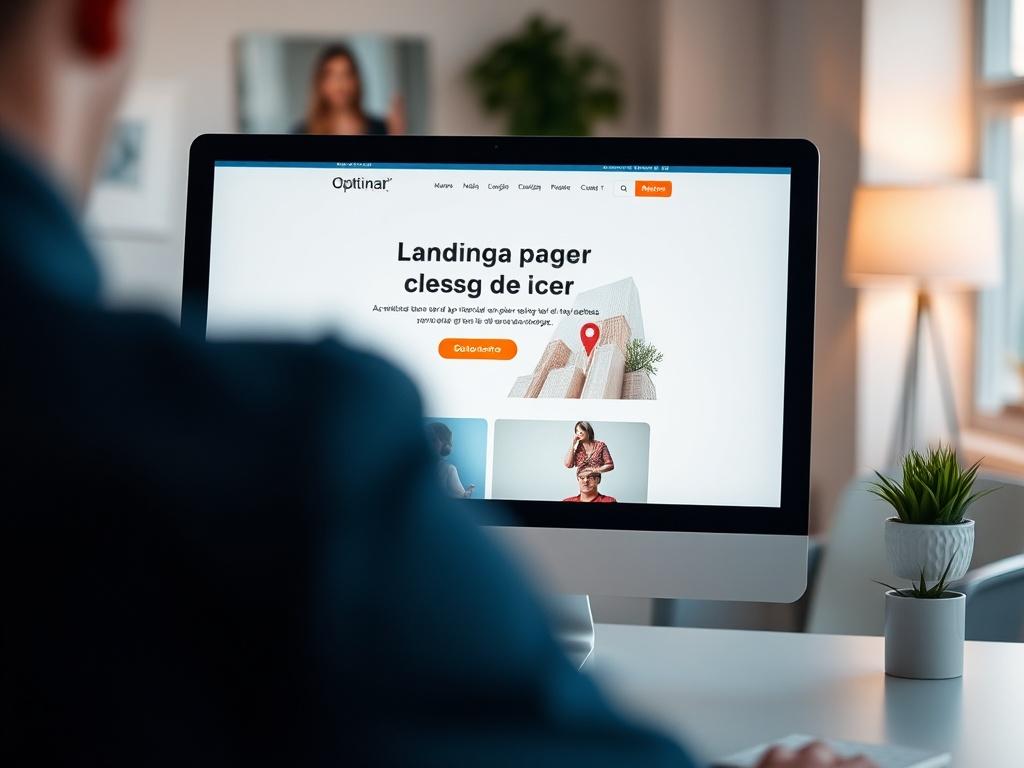 Create a realistic high-resolution photo that depicts the essence of a blog titled "Optimización de landing pages para SEO y GEO." The composition should be simple and clear, featuring a single subject that embodies the concept of effective landing page design.

The main subject of the image should be a close-up shot of a computer screen displaying a beautifully designed landing page. The landing page will showcase elements such as a compelling headline, eye-catching visuals, and a straightforward call-to-a