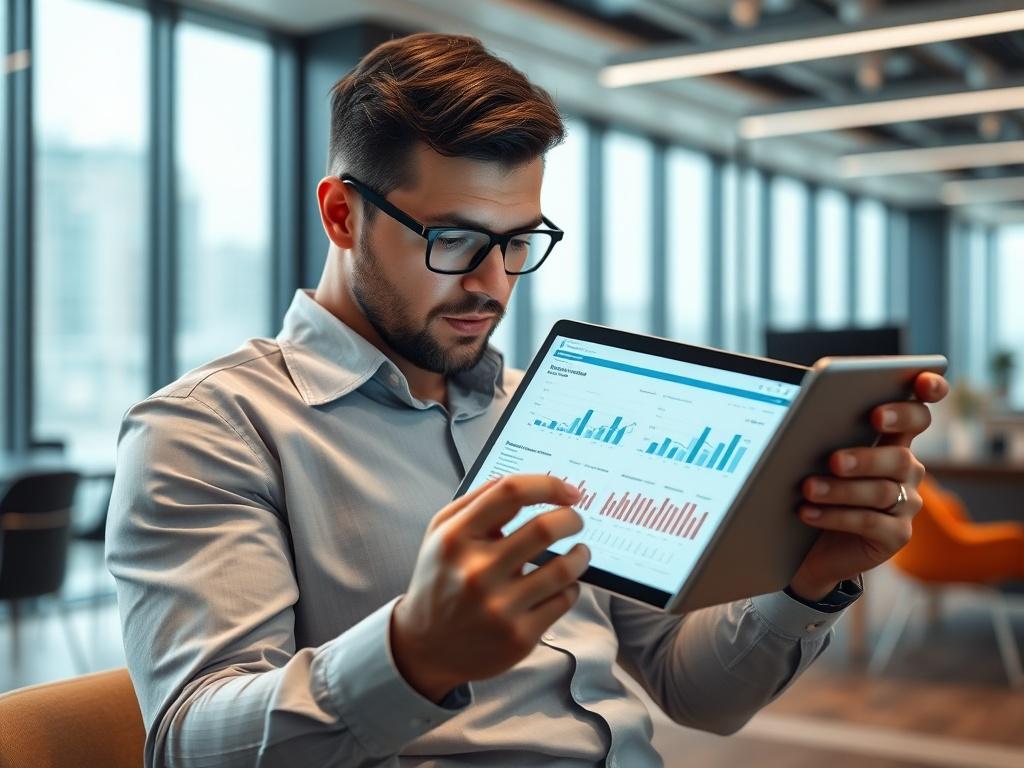 A hyper-realistic close-up shot of a digital marketing analyst examining competitor SEO reports on a tablet in a sleek office setting. The analyst is deep in thought, with graphs and data visible on the screen. The background is modern and professional, emphasizing the analytical focus.