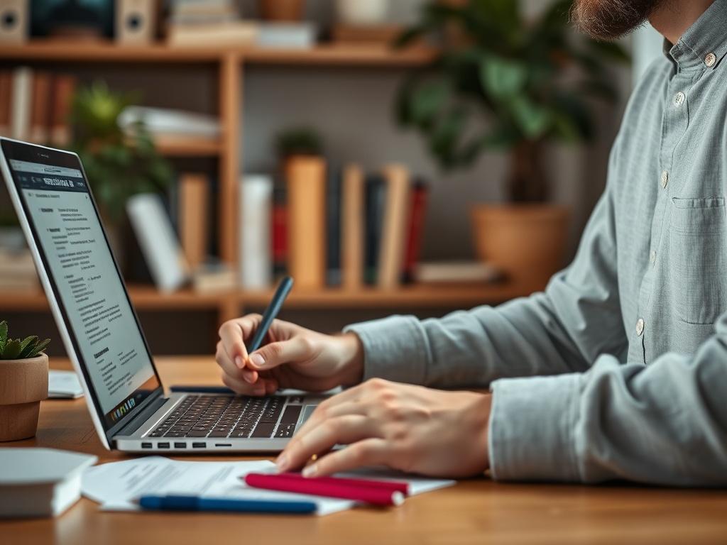 A hyper-realistic close-up shot of a content writer brainstorming ideas with notes and a laptop open, showcasing a creative mindset in a cozy workspace. The background features subtle elements like books and plants, creating a warm and inspiring atmosphere.