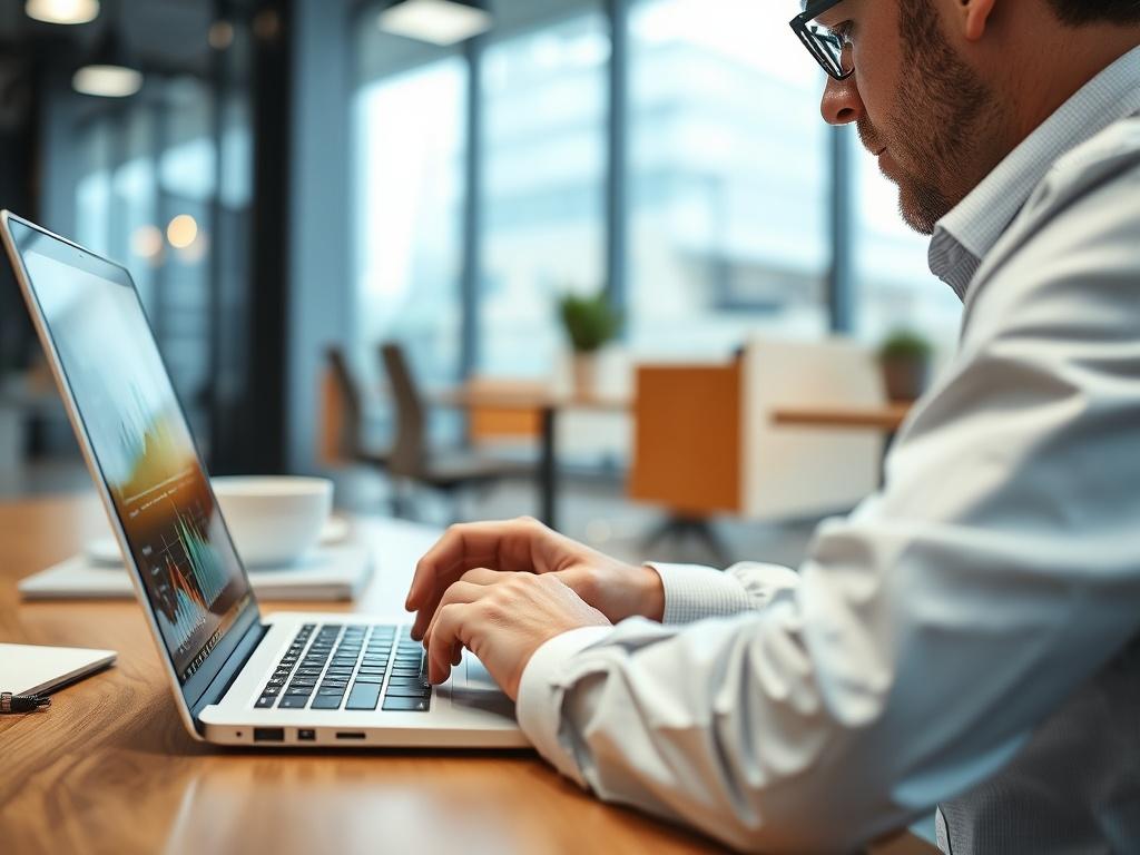 A hyper-realistic close-up shot of a professional consultant analyzing SEO data on a laptop in a modern office environment. The consultant is focused, with graphs and charts visible on the screen. The background is slightly blurred to emphasize the subject, capturing an atmosphere of productivity and expertise.