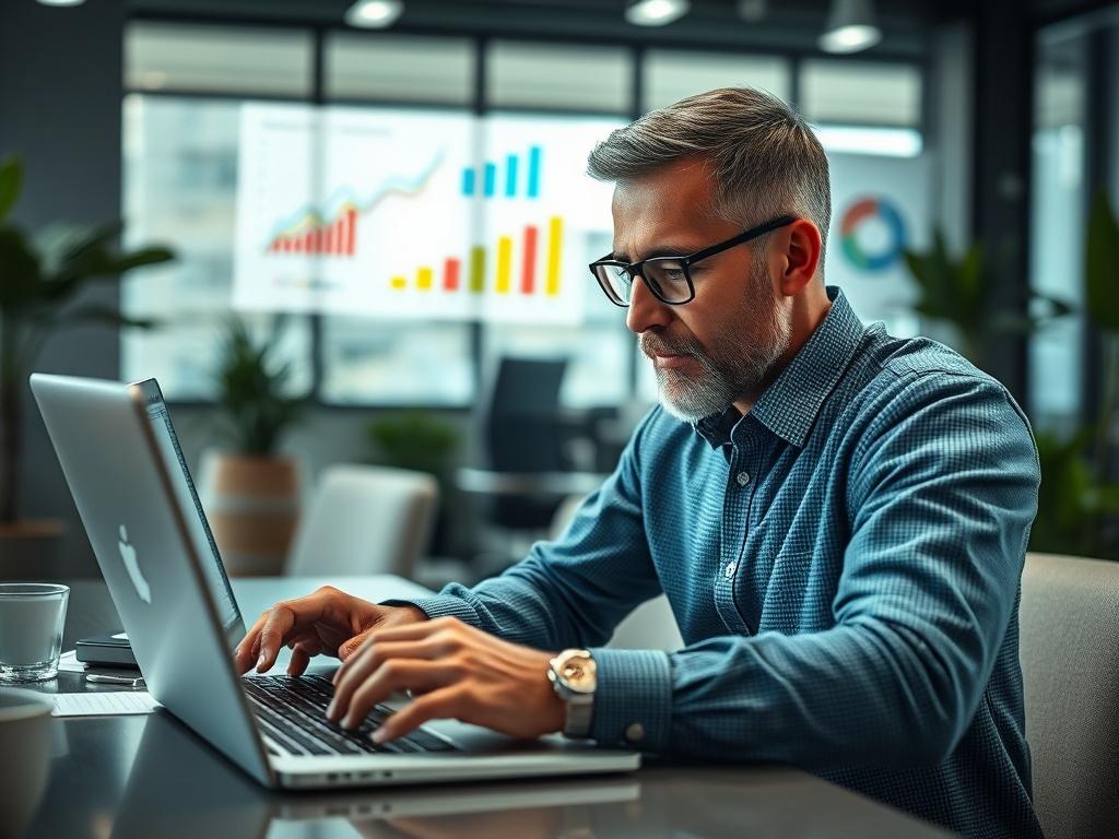 A hyper-realistic close-up shot of a professional SEO expert analyzing data on a laptop, surrounded by charts and graphs that represent growth and optimization. The scene is well-lit, showcasing the expert's focused expression as they work. The background includes a modern office setting with a hint of greenery, emphasizing a fresh approach to digital marketing. The image should be rendered in high resolution, capturing every detail, and should align with the primary color rgb(50, 170, 39).