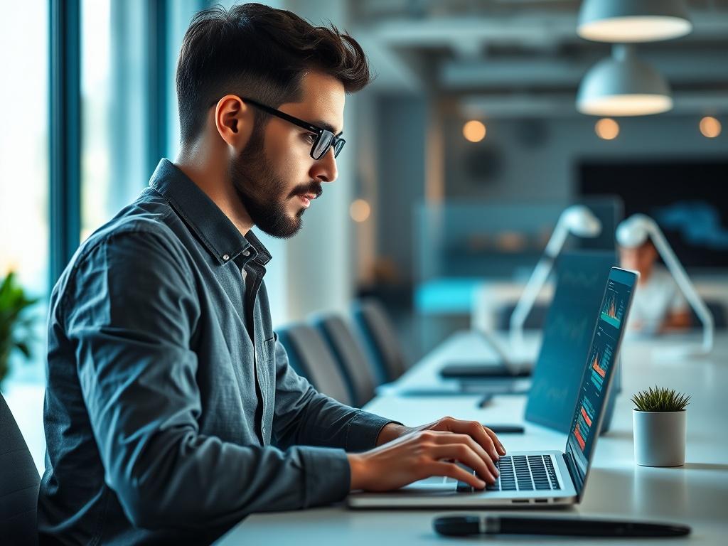 A realistic high-resolution photo of a focused digital marketer working on a laptop in a modern office environment. The subject is deeply engaged in their work, surrounded by high-tech tools and analytics on the screen. The background is bright and professional, with soft natural light illuminating the workspace. The image should be shot with a 45mm f/1.2 lens style, emphasizing the subject and creating a blurred effect on the background, compatible with rgb(50, 170, 39) primary color.