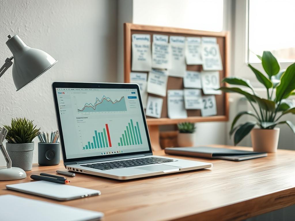 **Prompt for AI Image Generator:**

Create a realistic high-resolution photo that reflects the blog titled "Errores comunes en SEO local y cómo evitarlos." The composition should be simple and clear, featuring a single subject: a well-organized desk workspace. The desk should be adorned with a laptop open to a screen displaying graphs and analytics related to local SEO performance, symbolizing analysis and improvement. 

In the background, place a stylish bulletin board with post-it notes or printed reminde