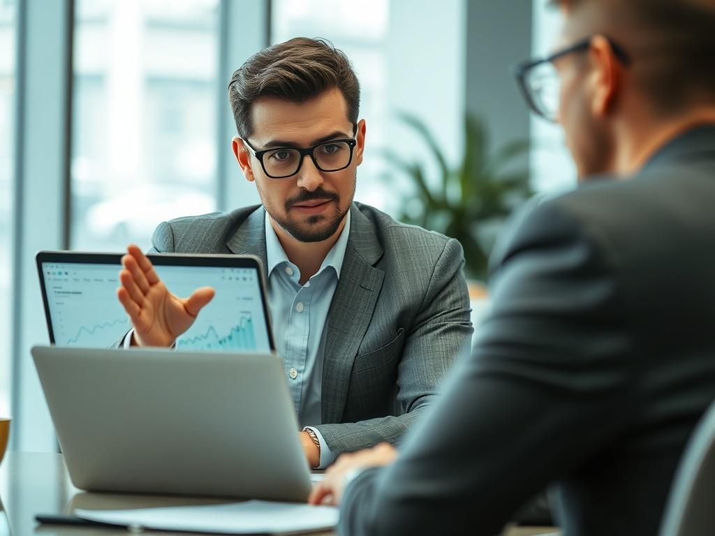A hyper-realistic close-up of a confident business consultant discussing SEO strategies with a client in a modern office environment. The focus is on the consultant, who is gesturing towards a laptop screen displaying analytics graphs. The background is blurred, emphasizing the consultant's professionalism. The color palette includes shades of green corresponding to rgb(50, 170, 39), creating a fresh and engaging atmosphere.