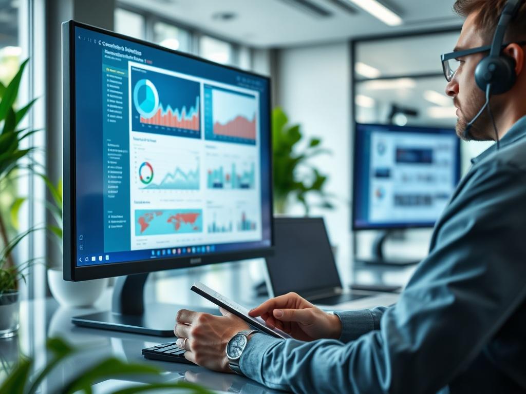 A hyper-realistic close-up of a digital marketing specialist analyzing website conversion metrics on a large screen in a modern workspace. The focus is on the screen showing graphs and statistics, with the specialist taking notes. The environment is sleek and professional, with hints of greenery in the background, matching the rgb(50, 170, 39) color scheme.