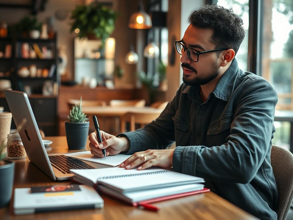 A hyper-realistic close-up of a creative content writer brainstorming ideas in a cozy coffee shop. The writer is surrounded by notebooks and a laptop, jotting down notes with a pen. The warm atmosphere of the coffee shop is captured, with soft lighting and a hint of greenery in the background, colored in rgb(50, 170, 39) to maintain brand consistency.
