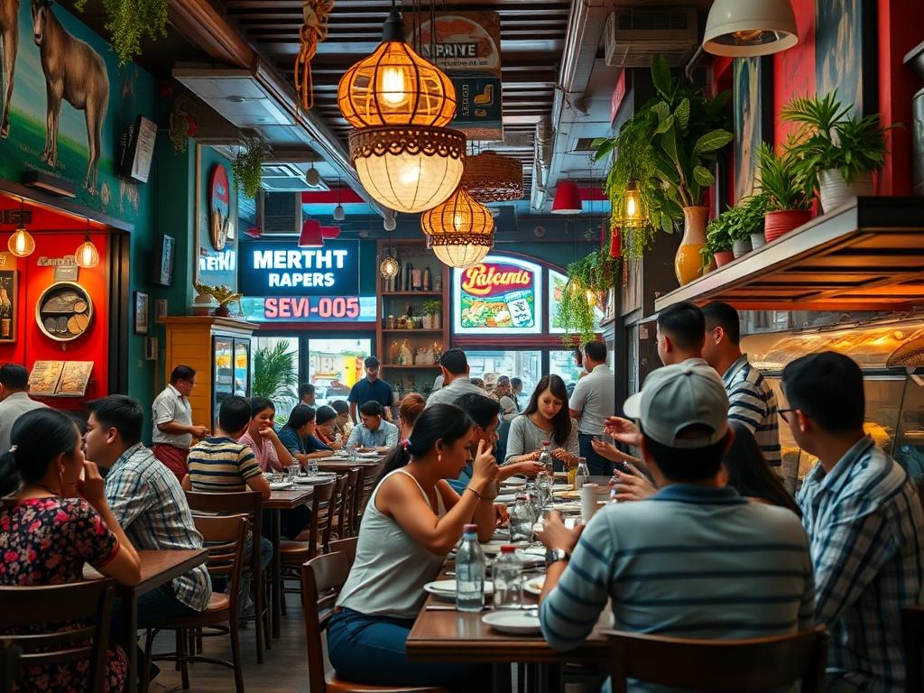 A hyper-realistic close-up shot of a bustling restaurant in Mexico City, showcasing a busy dining area filled with happy customers, vibrant decor, and delicious food being served. The image should be bright and inviting, using a 45mm f/1.2 lens style.