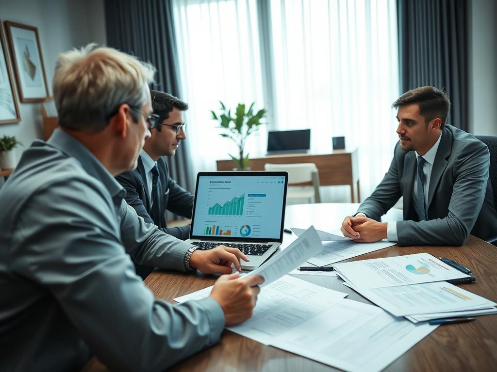 A hyper-realistic close-up shot of a financial consulting office, with a professional consultant engaging with a client, surrounded by financial documents and a laptop displaying a well-optimized website. The atmosphere should be professional and inviting.