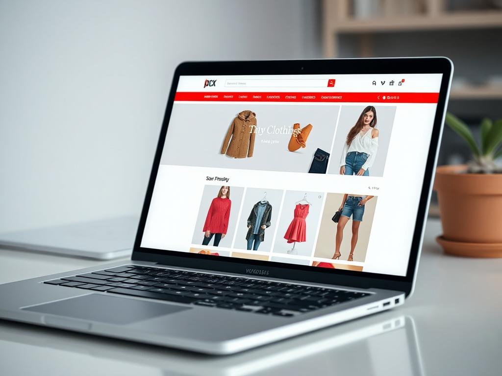 A hyper-realistic close-up shot of a fashionable online clothing store website displayed on a laptop, with vibrant clothing images, a user-friendly interface, and a modern aesthetic. The background should be minimalistic to highlight the website.