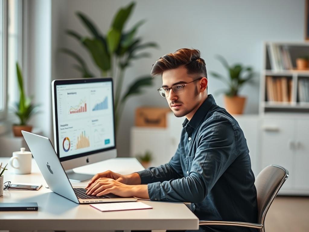 **Prompt for AI Image Generation:**

Create a realistic high-resolution photo that visually represents a blog titled "Consejos para Mejorar tu SEO." The composition should be simple and clear, focusing on a single subject in a well-lit environment. 

The main subject of the image should be a confident individual working on a laptop, deeply engaged in optimizing their website's SEO. They should be seated at a clean, modern desk with relevant SEO tools displayed on the screen, such as analytics graphs and key