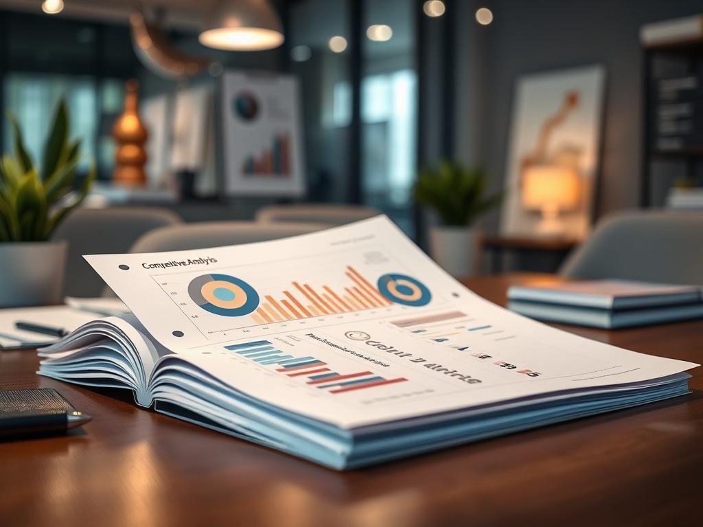A close-up shot of a competitive analysis report on a desk, showcasing charts and statistics. The background should be a chic workspace with a modern aesthetic, emphasizing professionalism and insight.