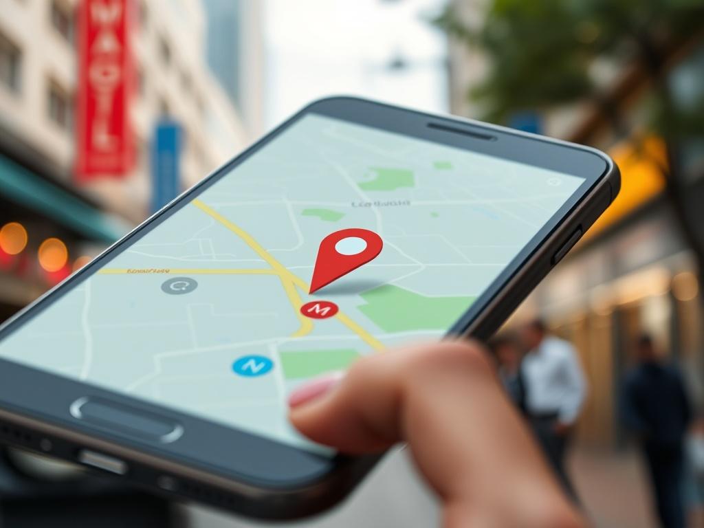 A realistic close-up image of a smartphone displaying a map with a location pin, symbolizing local SEO strategies. The background should feature a vibrant urban environment, showcasing the concept of local business presence.