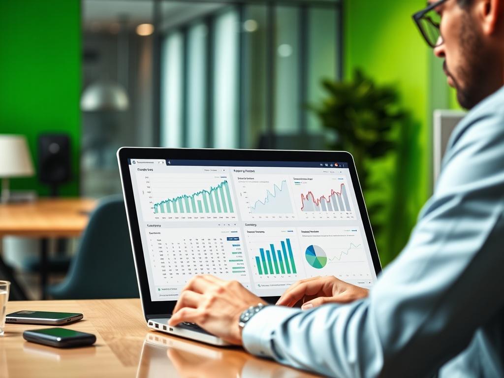 A high-resolution close-up image of a digital marketing consultant analyzing SEO data on a laptop, with graphs and analytics on the screen. The background should be a modern, well-lit office space with green accents, emphasizing a professional atmosphere.