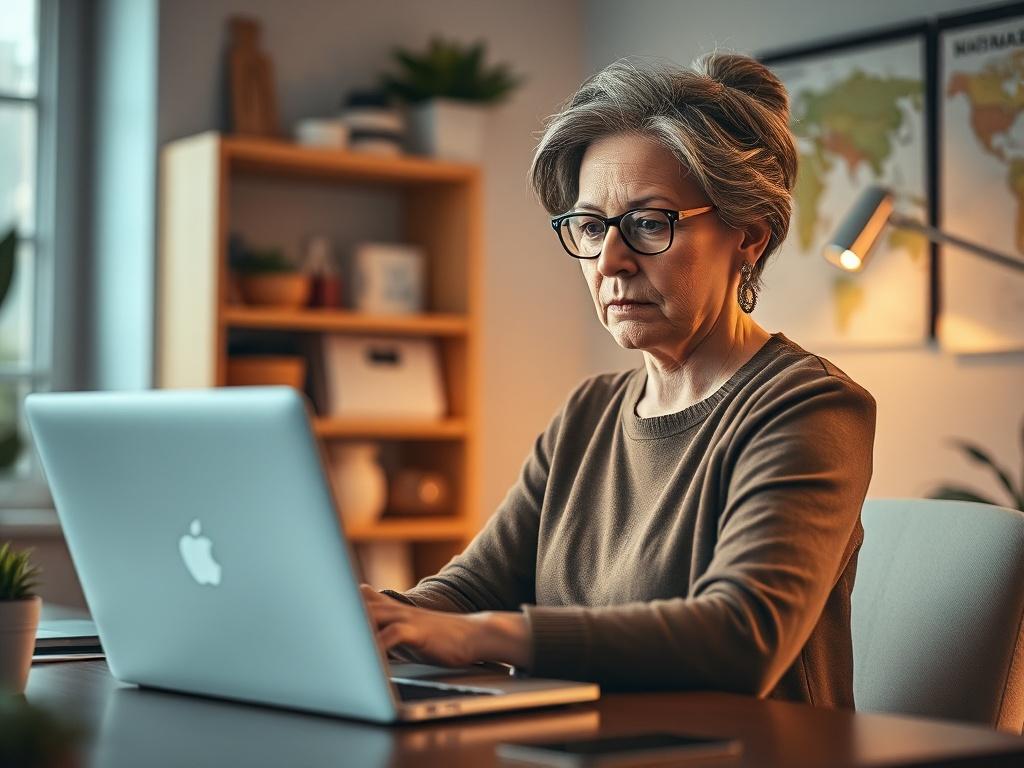 **AI Image Generation Prompt:**

Create a realistic high-resolution photo that reflects the theme of a blog post titled "Cómo mejorar el SEO local para tu negocio." The composition should be simple and clear, featuring a single subject: a local business owner (a middle-aged Hispanic woman) sitting at a desk and reviewing analytics on her laptop. She should display a look of concentration and determination as she analyzes data, emphasizing the importance of local SEO for her business. 

The background should