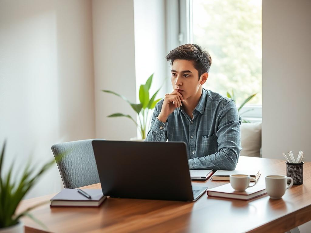 Create a realistic, high-resolution photo that encapsulates the blog titled "Estrategias de contenido para SEO geográfico." The composition should feature a single subject: a thoughtful content creator, a young professional sitting at a sleek, modern desk in a well-lit home office. This individual is focused on crafting a strategy for geographically optimized content, surrounded by a laptop, notebooks, and a cup of coffee. 

The background should be simple yet stylish, with soft greenery visible through a w