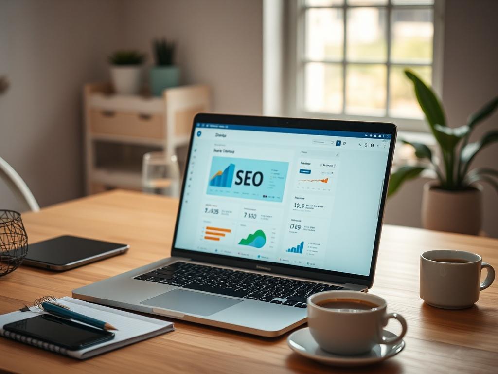 Create a realistic high-resolution photo capturing the essence of a blog titled "Herramientas esenciales para SEO y GEO." The composition should be simple and clear, featuring a single subject: a sleek, modern laptop displaying an open, user-friendly SEO software interface on its screen. 

The background should be minimalistic, perhaps a cozy home office setting with a clean desk, and soft, natural lighting coming through a window to create a warm atmosphere. The desk can have a few essential accessories li