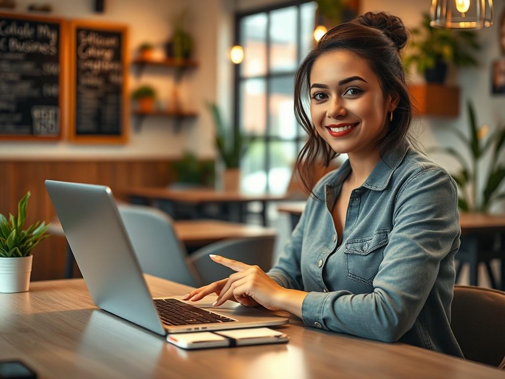 **AI Image Generation Prompt:**

Create a realistic high-resolution photo that visually represents the theme of "Cómo optimizar tu Google My Business para SEO local." The composition should be simple and clear, featuring a single subject: a confident small business owner (a Latino woman in her 30s) sitting at a modern desk with a laptop open in front of her, displaying the Google My Business interface on the screen. 

The background should be a cozy, well-lit café setting with hints of greenery, showcasing 