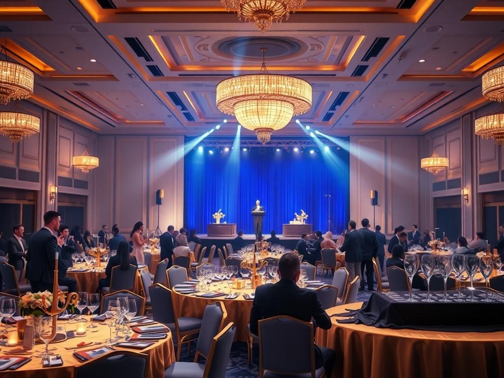 A luxurious gala dinner setting with elegant tables adorned in