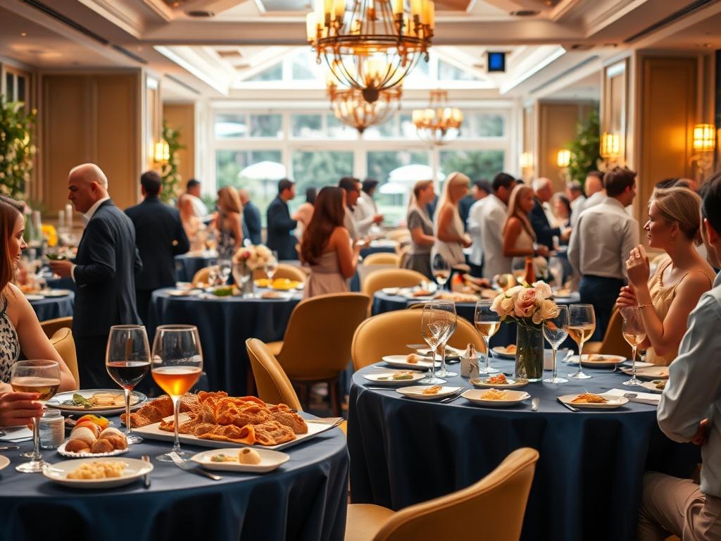 An elegant brunch setting with beautifully arranged tables featuring gourmet