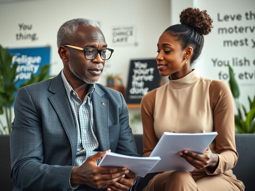 A close-up shot of an inspiring African mentor engaged in a one-on-one conversation with a mentee in a bright, modern office setting. The mentor is an older African man with glasses, wearing a smart, business-casual outfit, exhibiting a wise and approachable demeanor. The mentee is a young African woman, attentively listening and taking notes, displaying eagerness to learn. The background features a well-decorated office with plants and motivational quotes on the walls, creating an atmosphere of growth and 