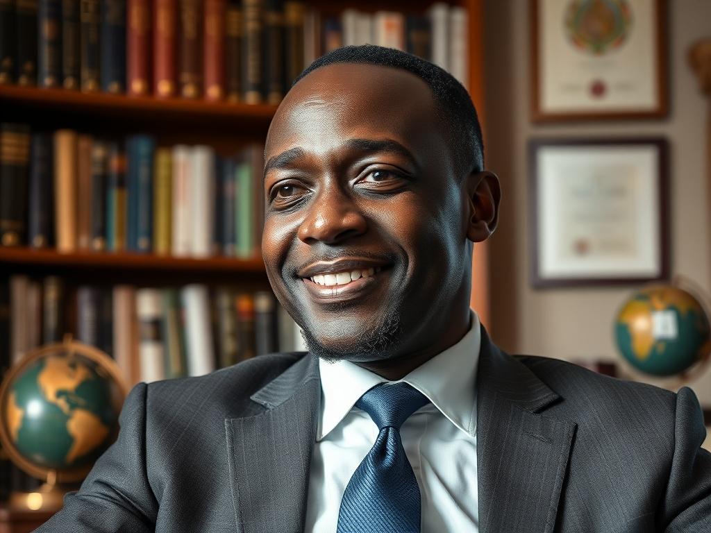 **Prompt for AI Image Generator:**

Create a highly realistic, high-resolution close-up photo of a distinguished African mentor, a middle-aged Black man, seated in an elegant, well-lit office setting. He should have a warm and approachable smile, exuding wisdom and confidence. The subject is wearing a smart, tailored suit, representing professionalism and success. 

In the background, include subtle elements that indicate an academic or mentoring environment, such as bookshelves filled with educational book