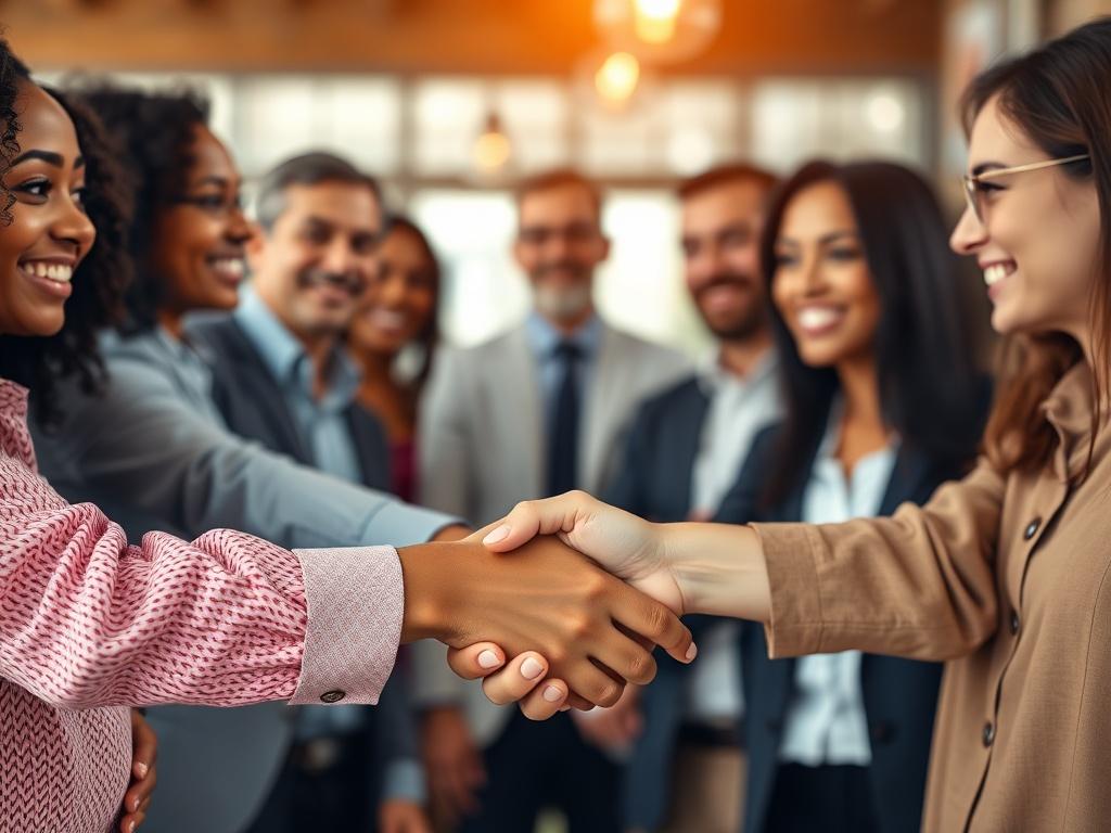 A high-resolution close-up image of a diverse group of professionals shaking hands, symbolizing partnership and collaboration. The background should be softly blurred to emphasize the handshake, with warm lighting that creates an inviting atmosphere. The focus should be on the hands and expressions of the individuals involved, capturing a moment of connection and mutual agreement.