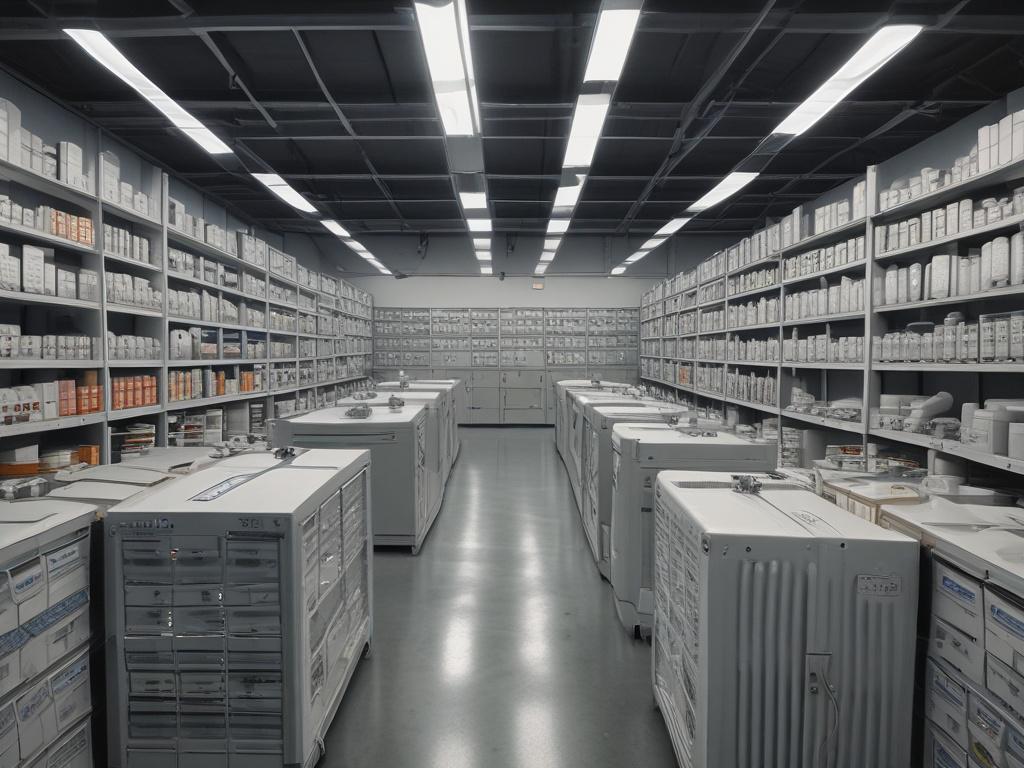 Create a realistic high-resolution photo of a Korean medical supplier's warehouse displaying medical and dental equipment ready for export. Focus on a single item, such as a high-tech dental chair, prominently in the foreground. The background should softly blur with shelves stocked with various medical devices, emphasizing the operational aspect of humanitarian trade. The image should reflect a professional and compliant environment, suitable for showcasing the collaboration in humanitarian trade.